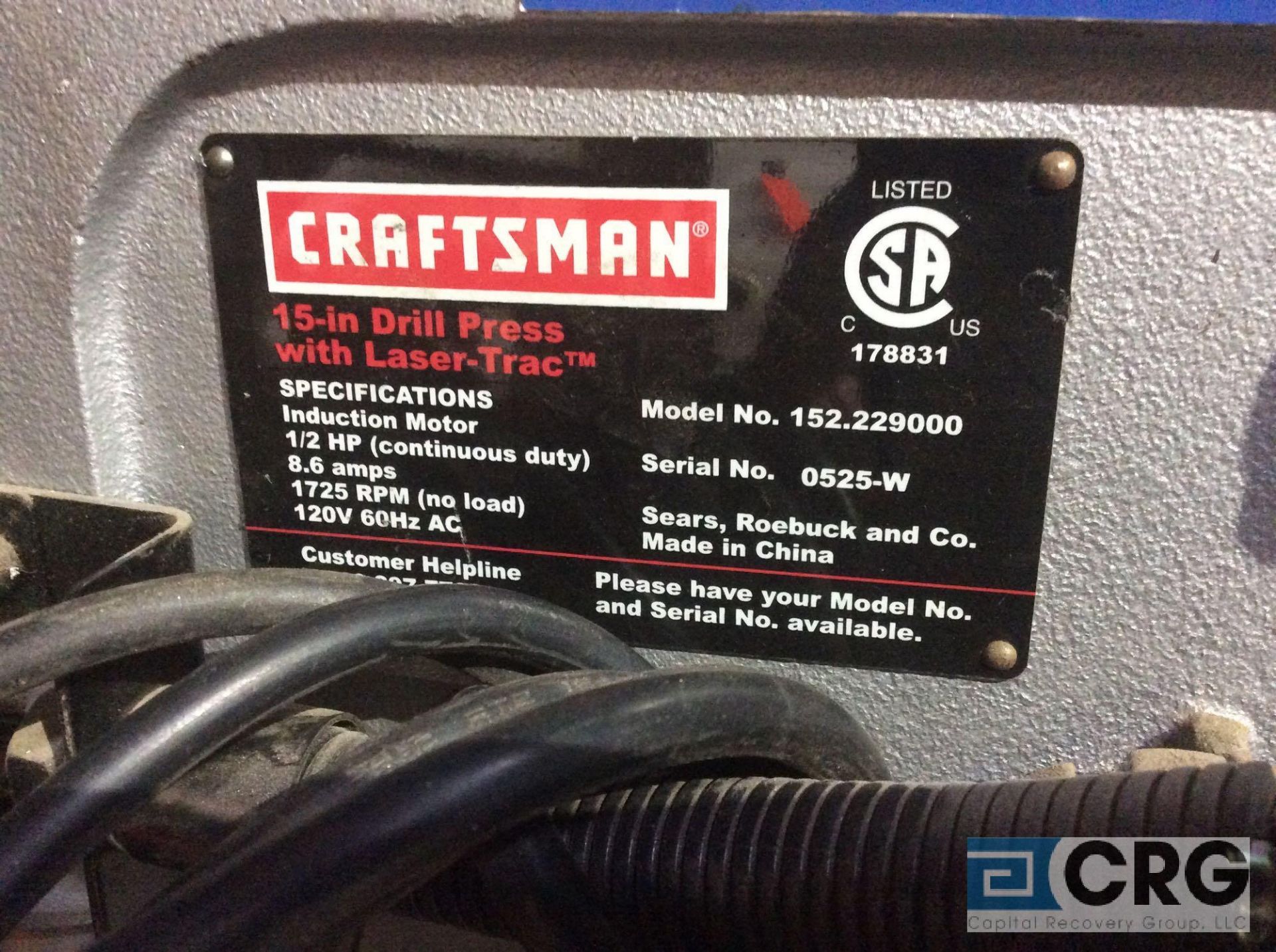 Craftsman 15 inch pedestal drill press, with Laser-Trac, 1725 max rpm, 1/2 hp motor, 120 volt single - Image 2 of 2