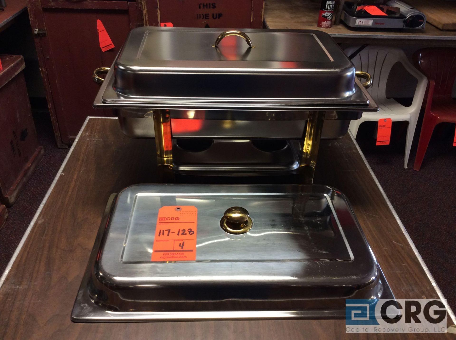 Lot of (4) 8 Qt assorted chafing dishes, rectangular stainless with brass metal handles, 12 x 20