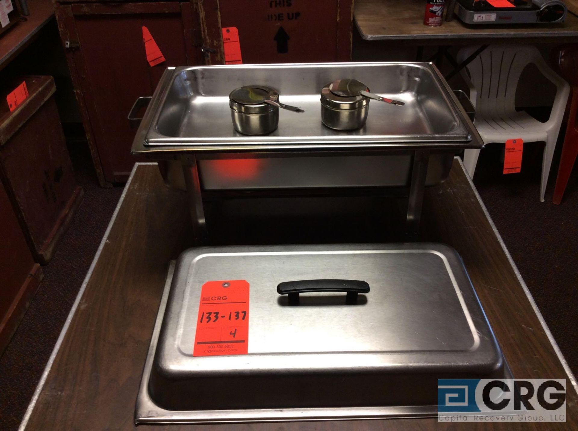 Lot of (4) 8 Qt rectangular stainless chafing dishes, with black plastic handles, 12 x 20