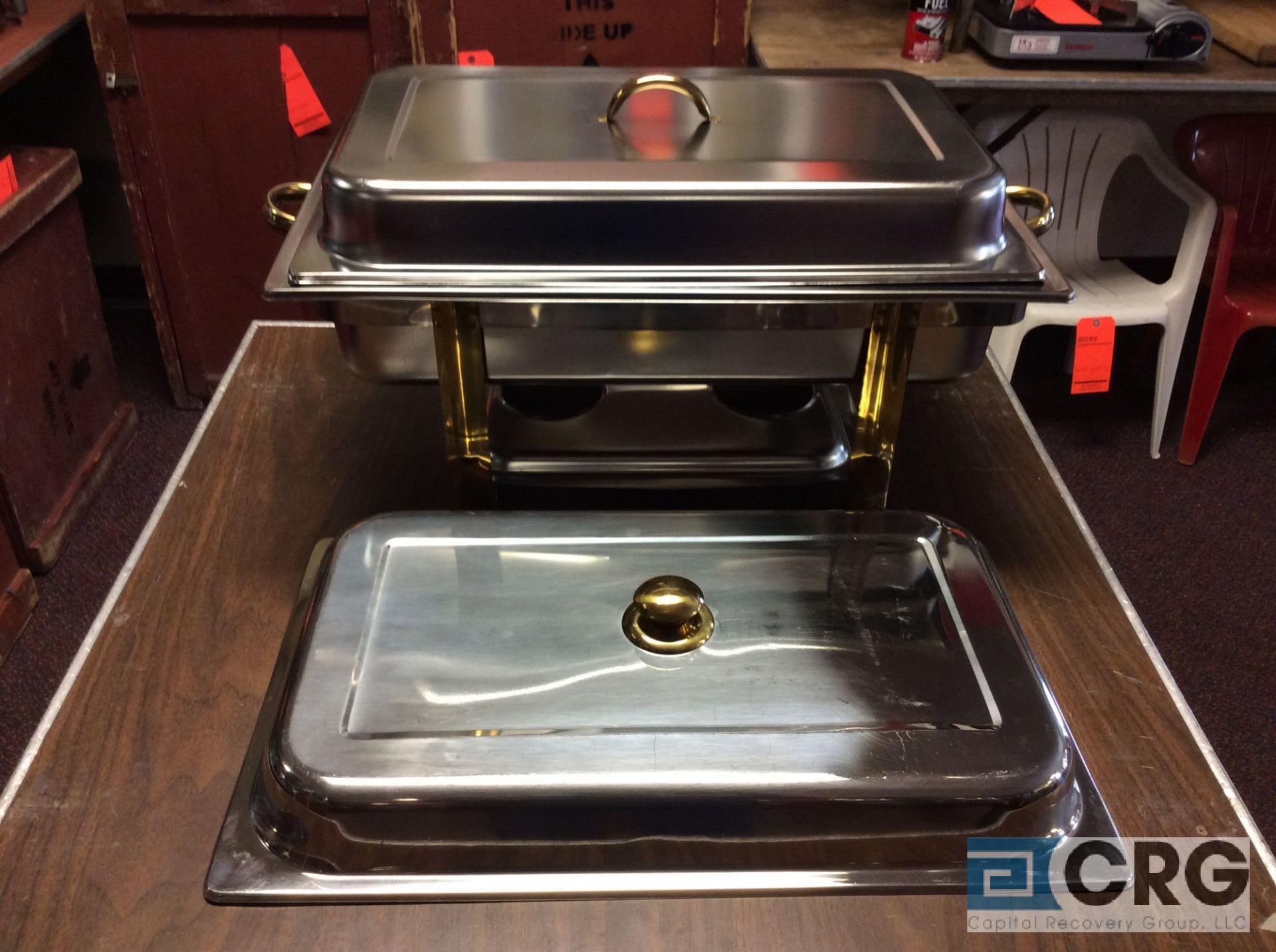 Lot of (4) 8 Qt assorted chafing dishes, rectangular stainless with brass metal handles, 12 x 20