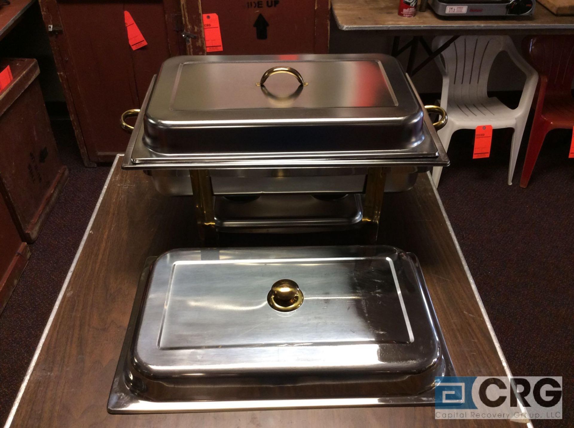 Lot of (4) 8 Qt assorted chafing dishes, rectangular stainless with brass metal handles, 12 x 20