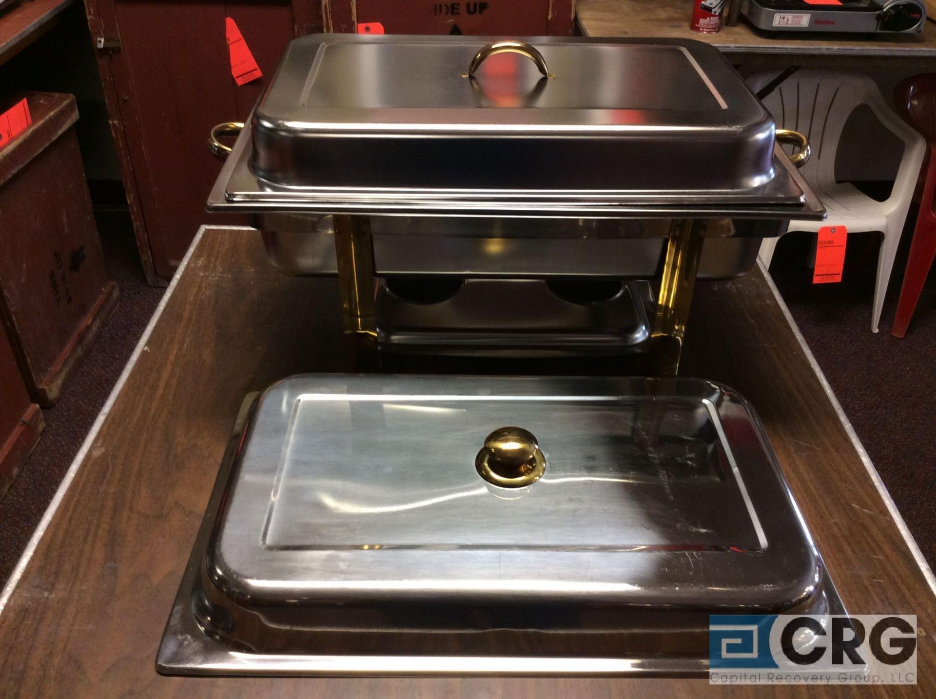 Lot of (4) 8 Qt assorted chafing dishes, rectangular stainless with brass metal handles, 12 x 20