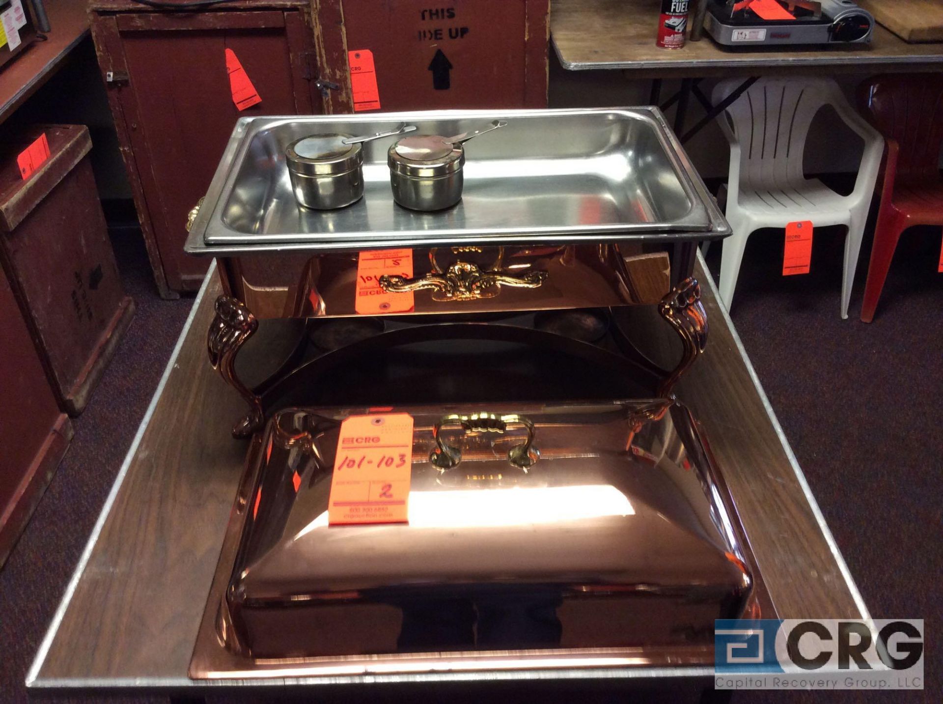 Lot of (2) 8 Qt copper plated rectangular Chafing dishes, 12 x 20