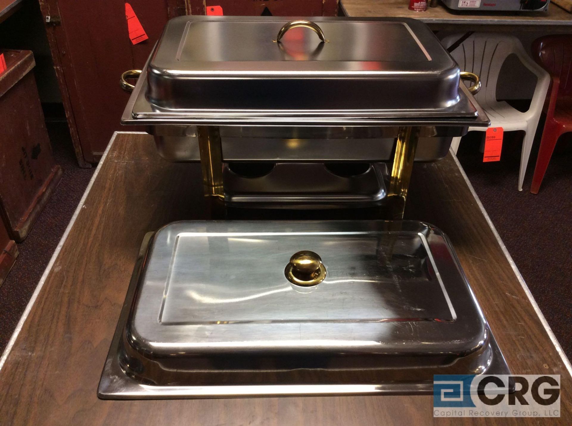 Lot of (4) 8 Qt assorted chafing dishes, rectangular stainless with brass metal handles, 12 x 20