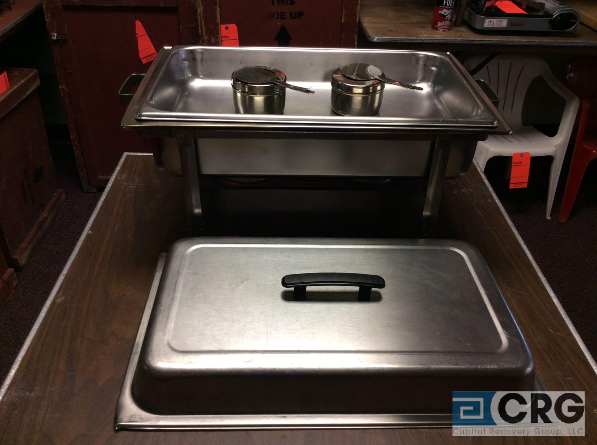 Lot of (4) 8 Qt rectangular stainless chafing dishes, with black plastic handles, 12 x 20