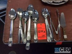 Lot of assorted serving utensils including (42) serving spoons slotted, (76) stainless steel large