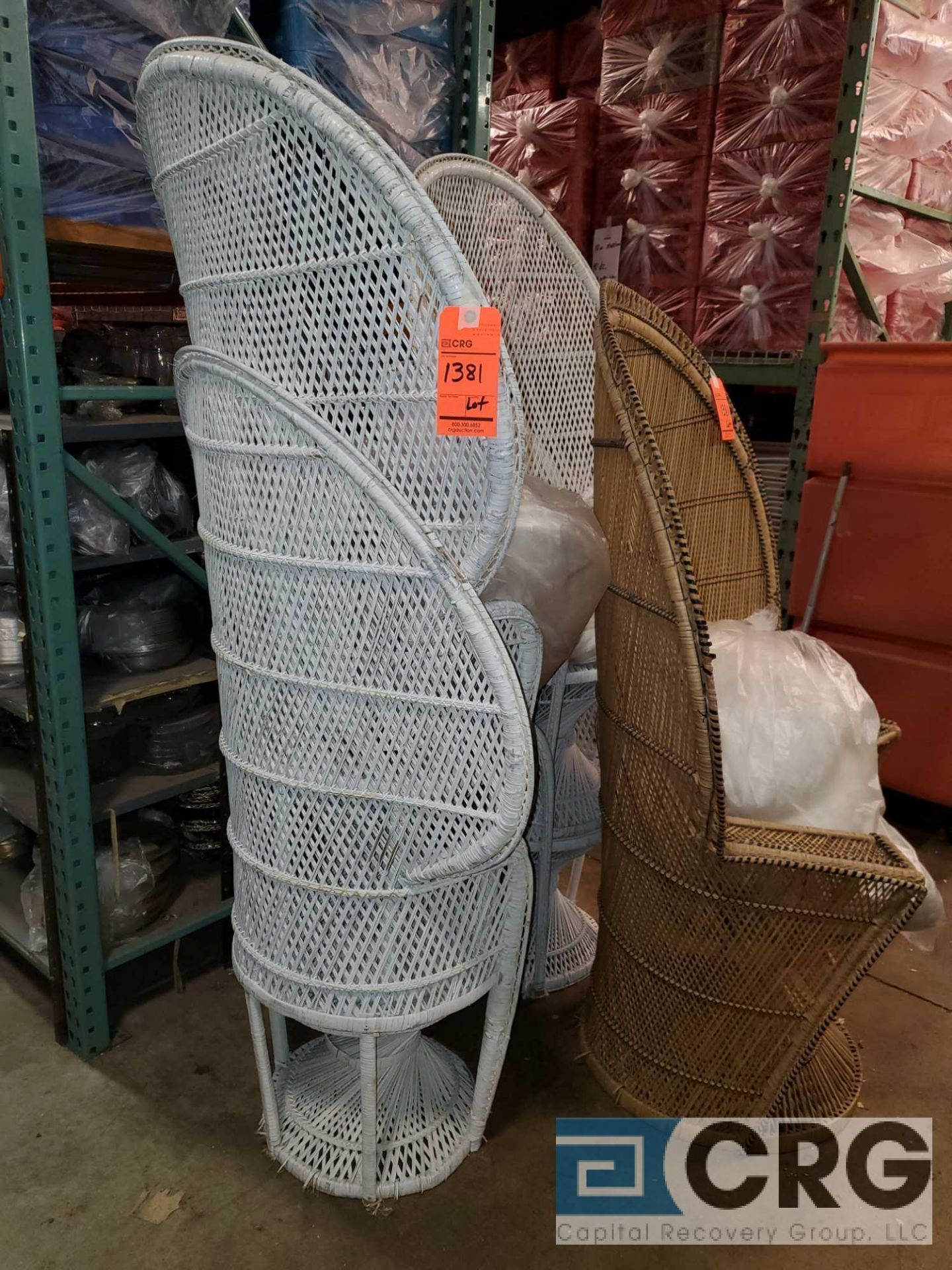 Lot consists of (6) white peacock chairs with cushions and (1) tan peacock chair with cushion - Image 2 of 2