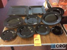 Lot of assorted black pattern dinnerware including (10) 14 in. x 14 in. square serving plates, (8)