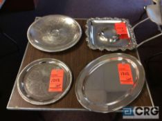 Lot of asst serving trays including (30) 12 inch round silver plate, (12) 19 inch oval mirrored