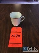 Lot of (816) Schmidt (white and platinum band) coffee cups with (41) racks, add'l $5 fee per rack-
