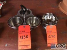 Lot of stainless steel items including (4) lazy susan condiment trays and (24) cocktail shrimp