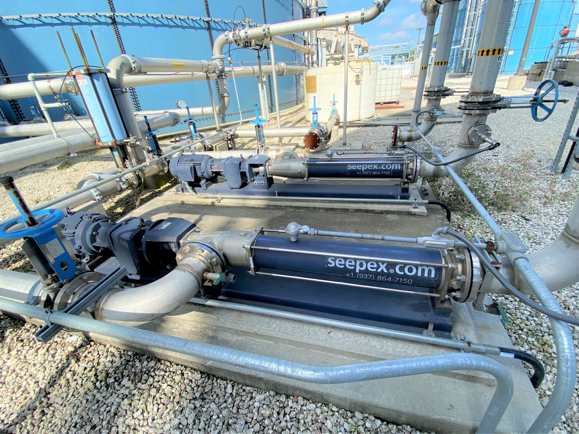 (Lot of 2) Seepex 52-12 progressive cavity pumps, stainless steel with 20 HP drives