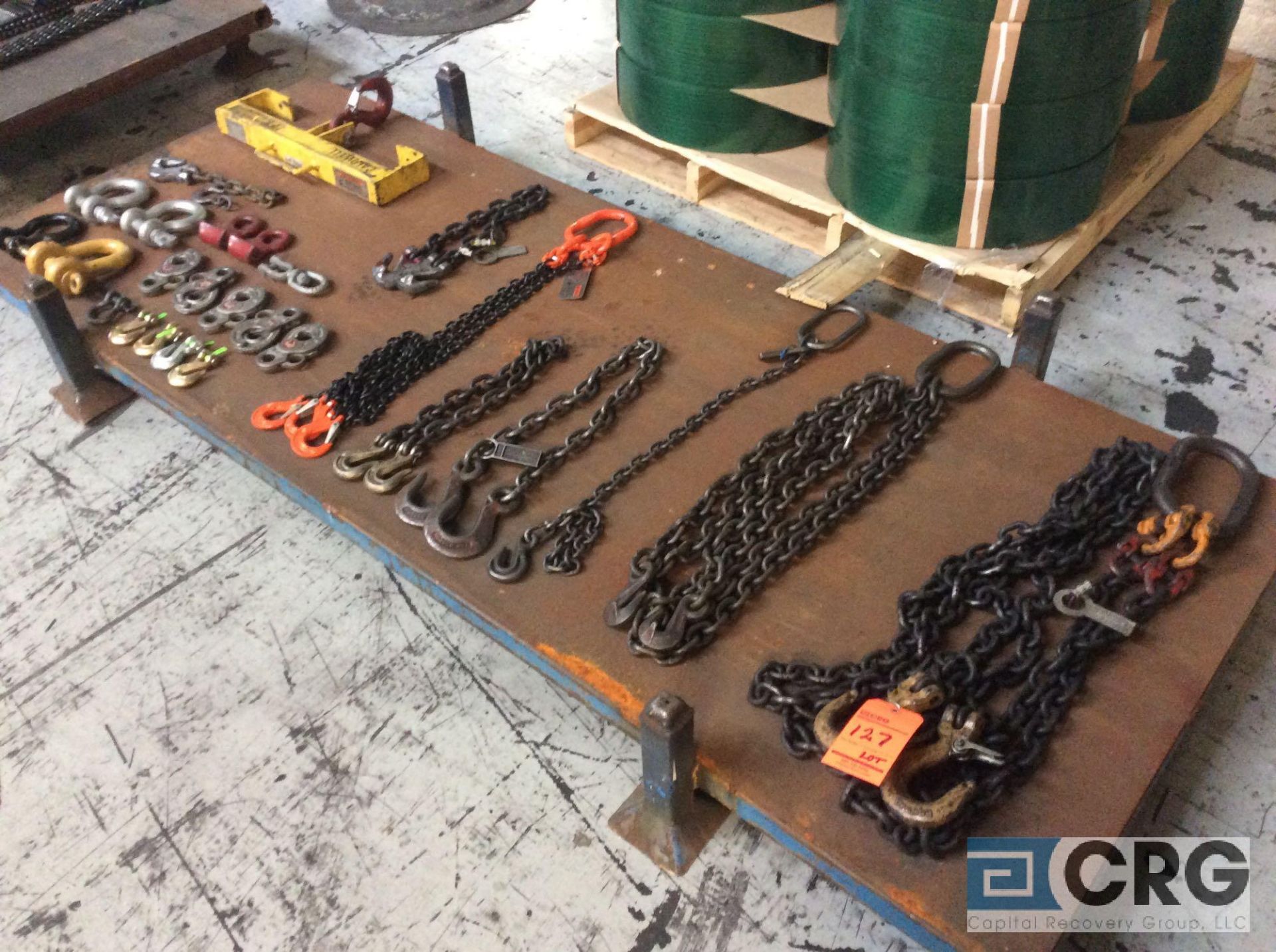 Lot of asst lifting chains, hooks, clevises, etc