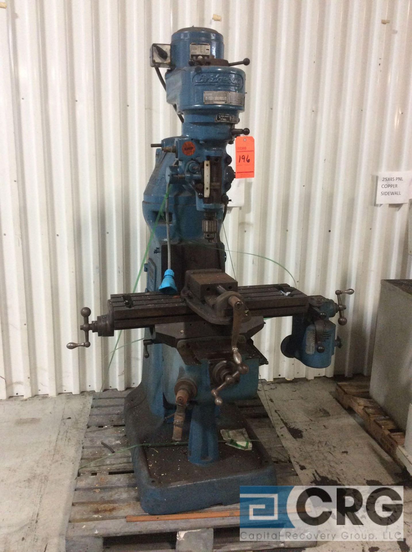 Bridgeport vertical milling machine, sn BR-34629, 1 hp, 3 phase, 80-2720 spindle speed, 9 X 32