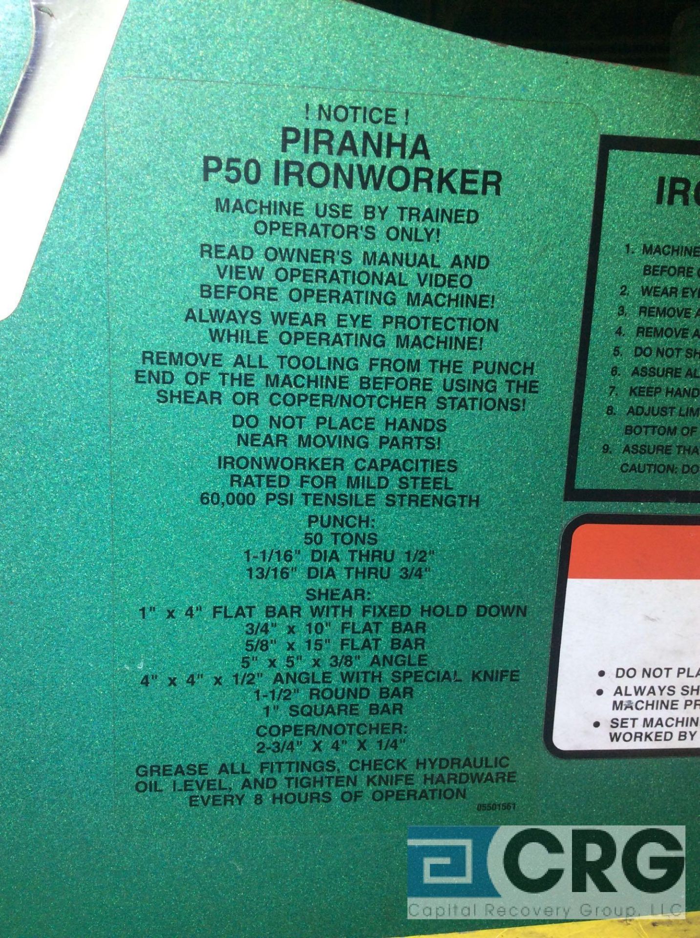 Piranha P50 ironworker, sn P50-11106, rated for 60,000 psi tensile strength, PUNCH 50 ton capacity 1 - Image 4 of 5