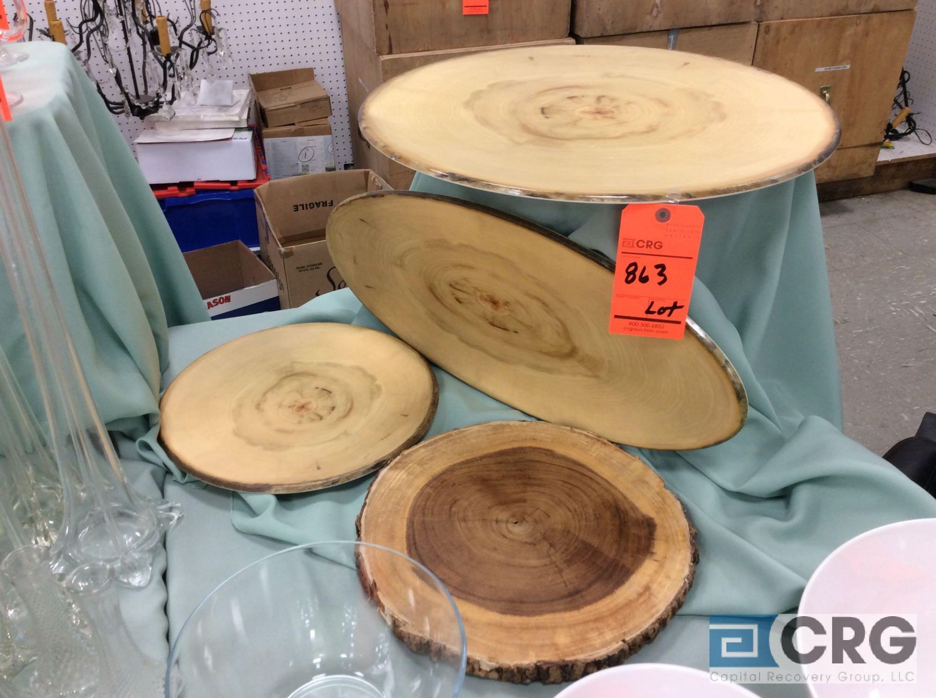 Lot of assorted rustic wood platter/trays, (1) 14 in. round, (1) 21 5/8 in., (1) 25 1/2 in. X 10 1/4