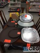 Lot of assorted stainless, aluminum, plastic waiters trays, 14 in. to 18 in. round, (33) stainless