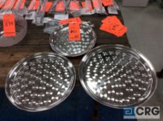 Lot of assorted round stainless trays, (9) 16 in., (16) 14 in., (11) 12 in., (11) chrome rectangular