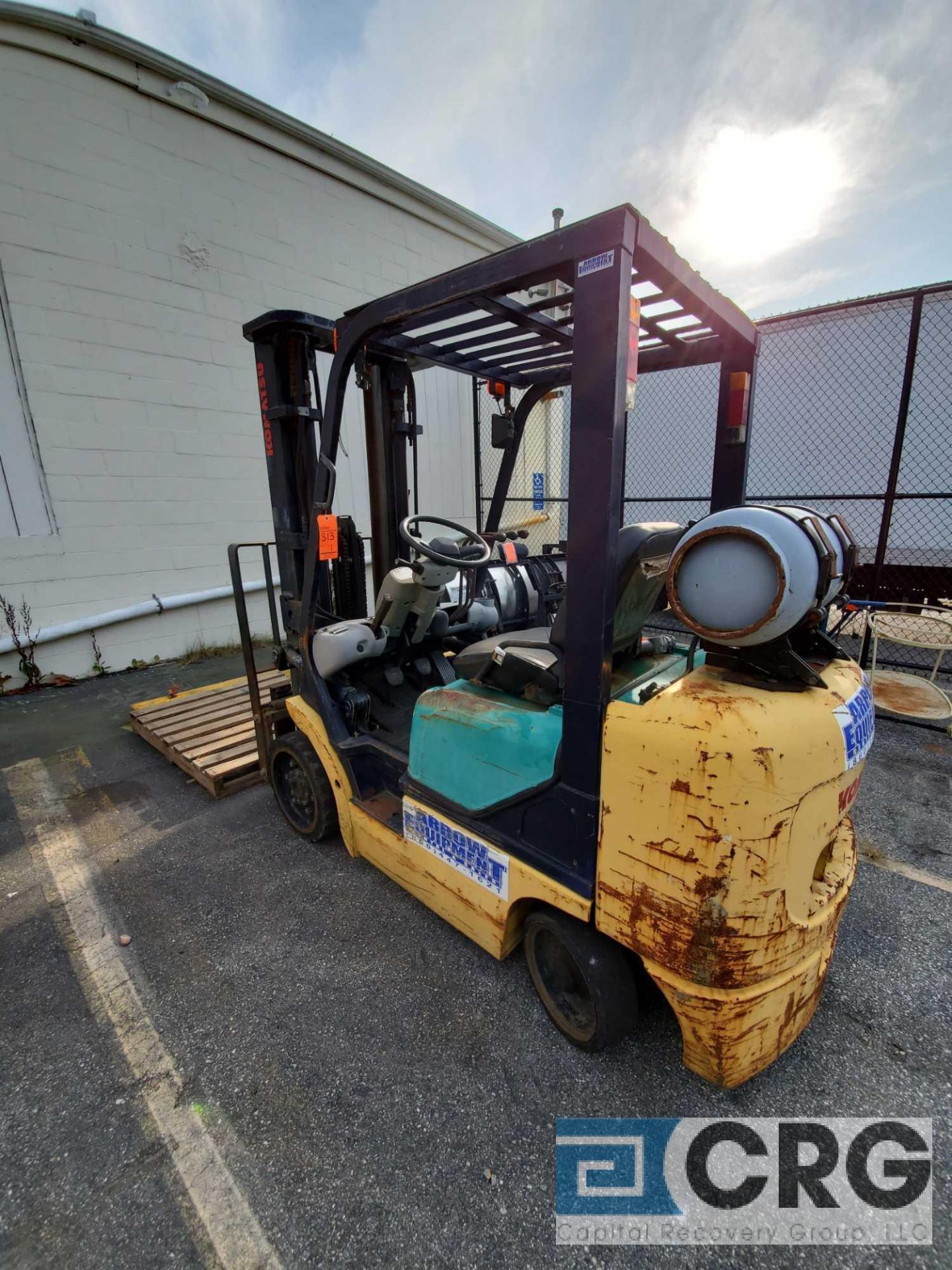 Komatsu LP forklift, 4500# cap., 5776 hours, ROPS, solid tires, 3 stage mast, 188 inch lift