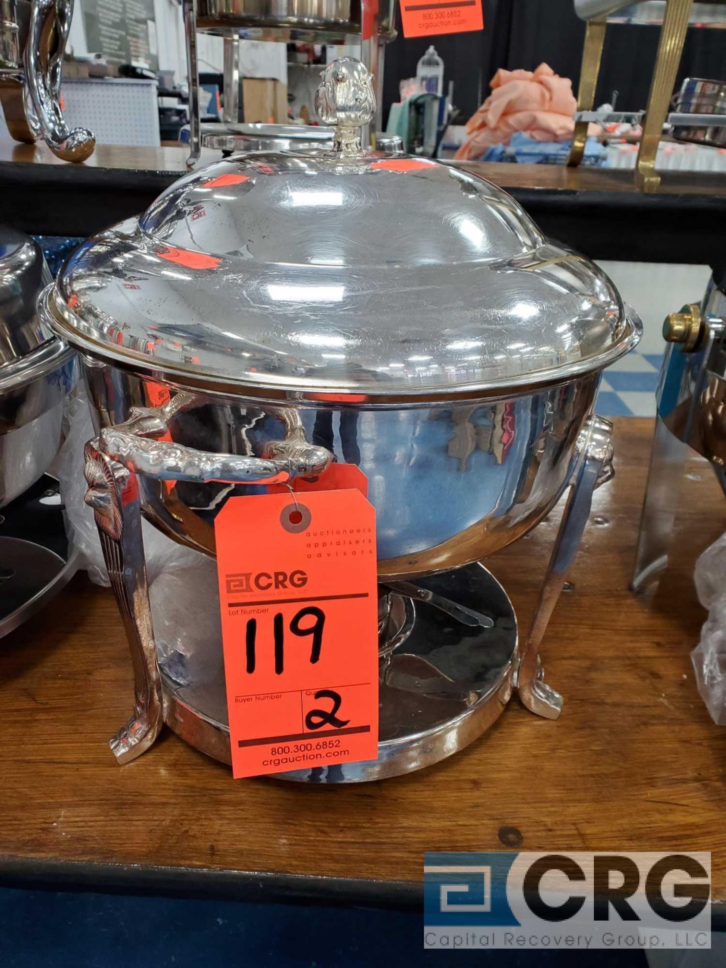 Lot of (2) 8 Qt round silver plated chafing dish, 12 in. diameter - Image 3 of 4