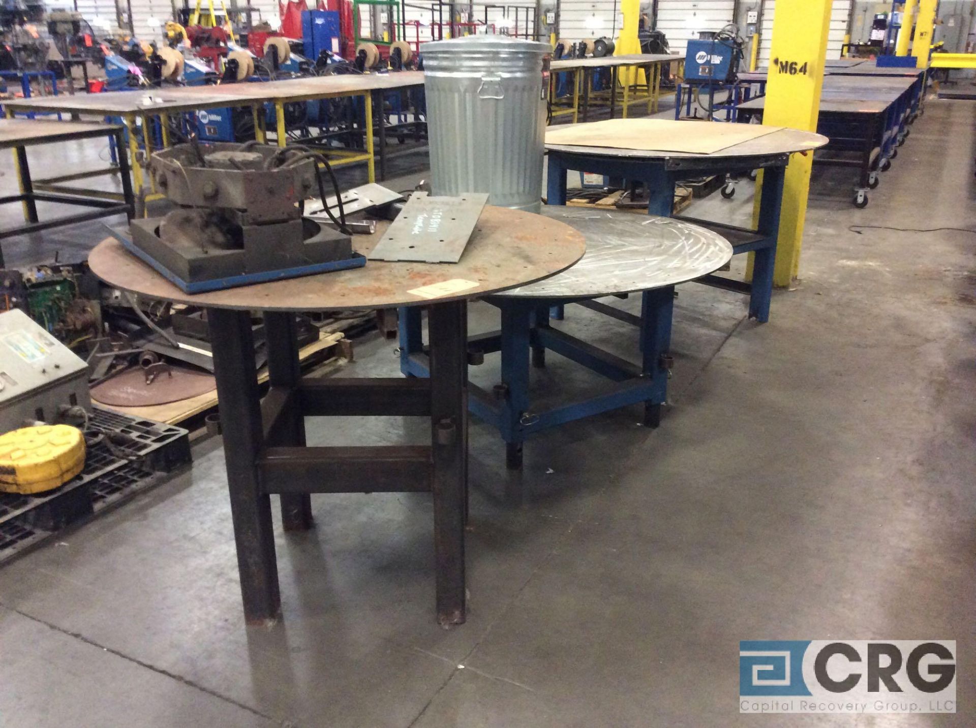 Lot of (3) steel rotating round top work tables