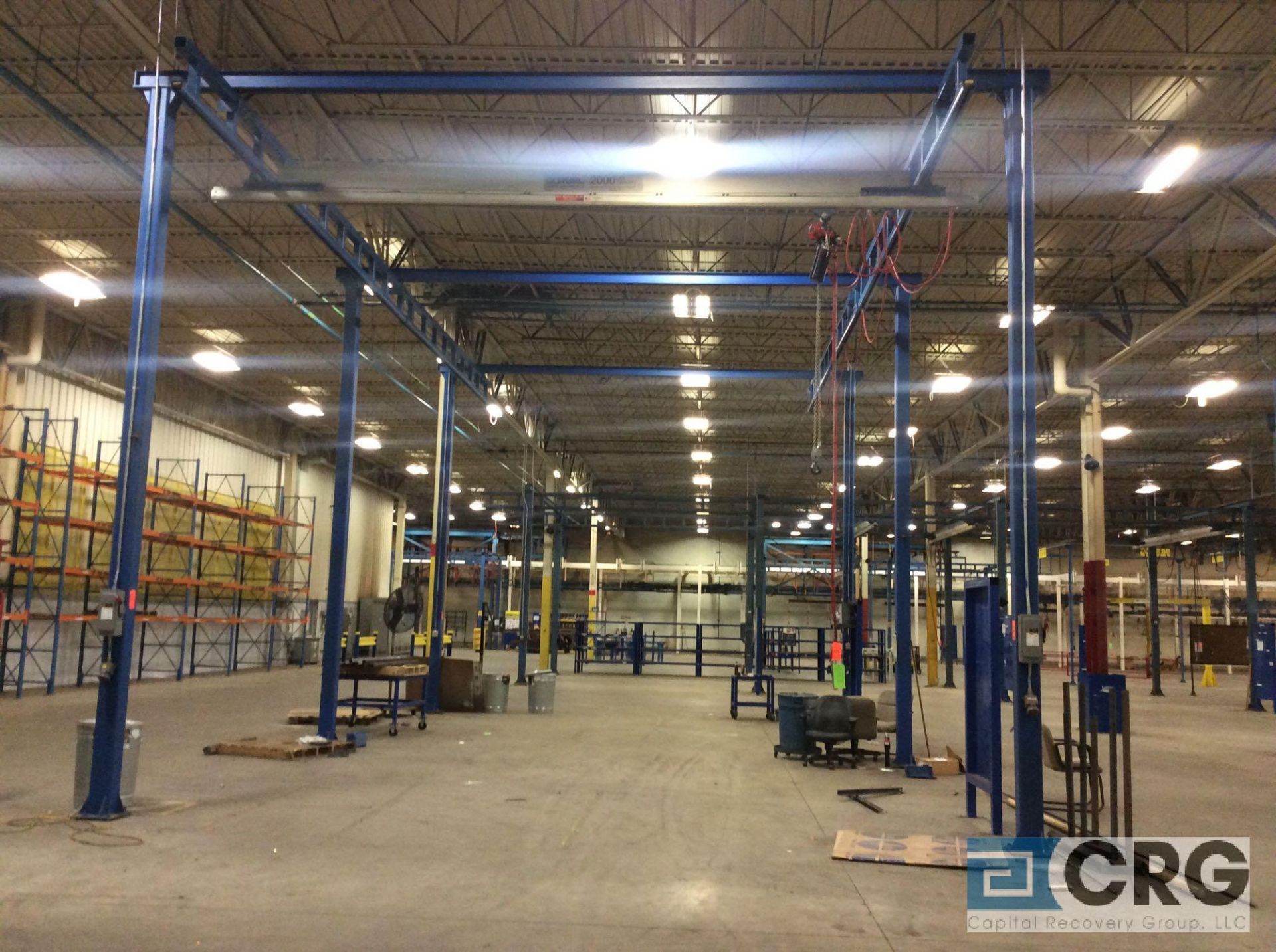 20 X 36 X 18 feet high overhead crane with (6) posts, Gorbel 2000 lb apacity span and 1 ton