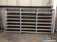 Lot of (7) sextions 6 foot X 24 inches deep adjustable metal shelving with wood shelves
