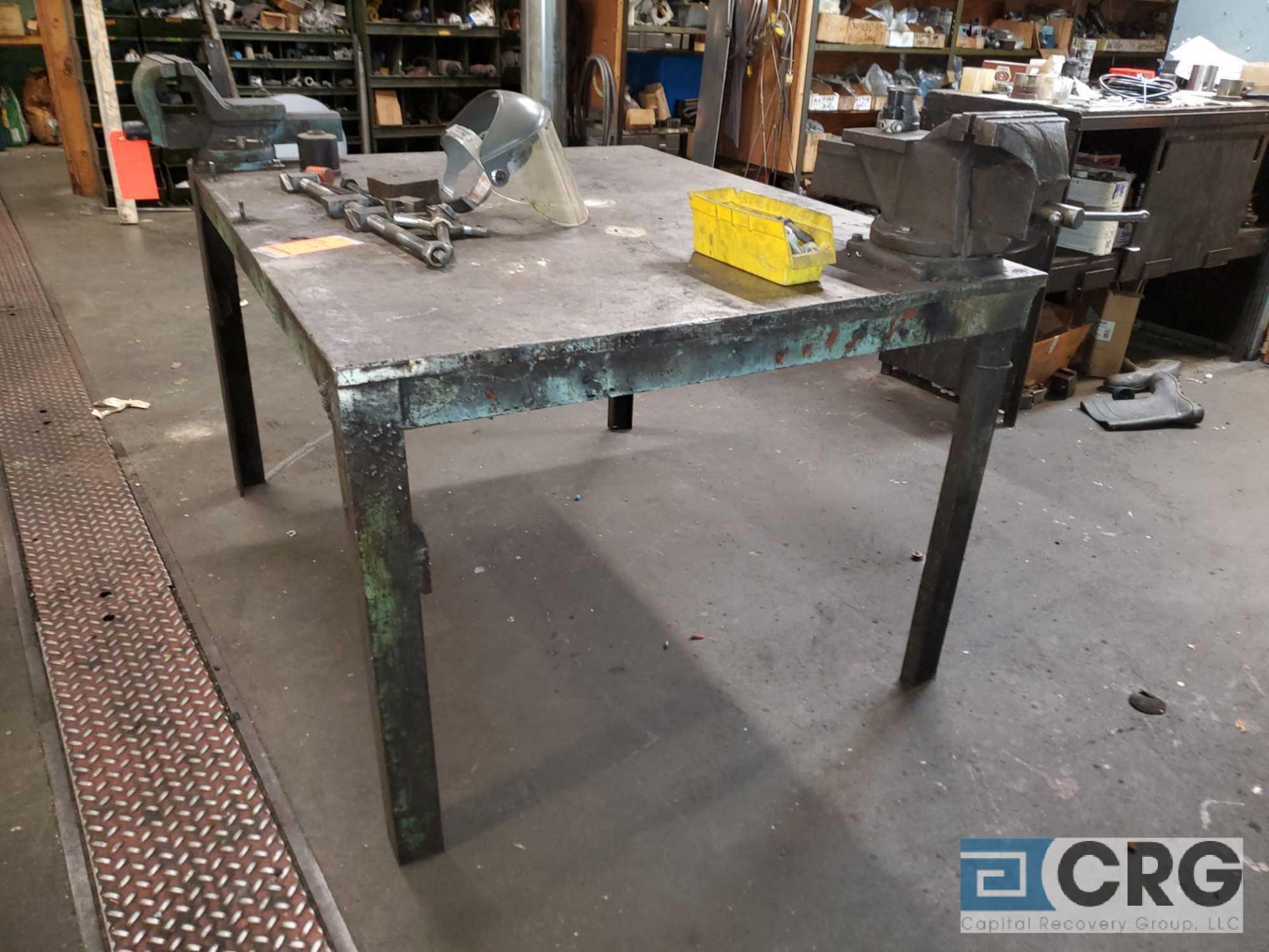 60 in. X 48 in. steel work table, 1 in. thick steel top with (2) asst bench vises - Image 3 of 3