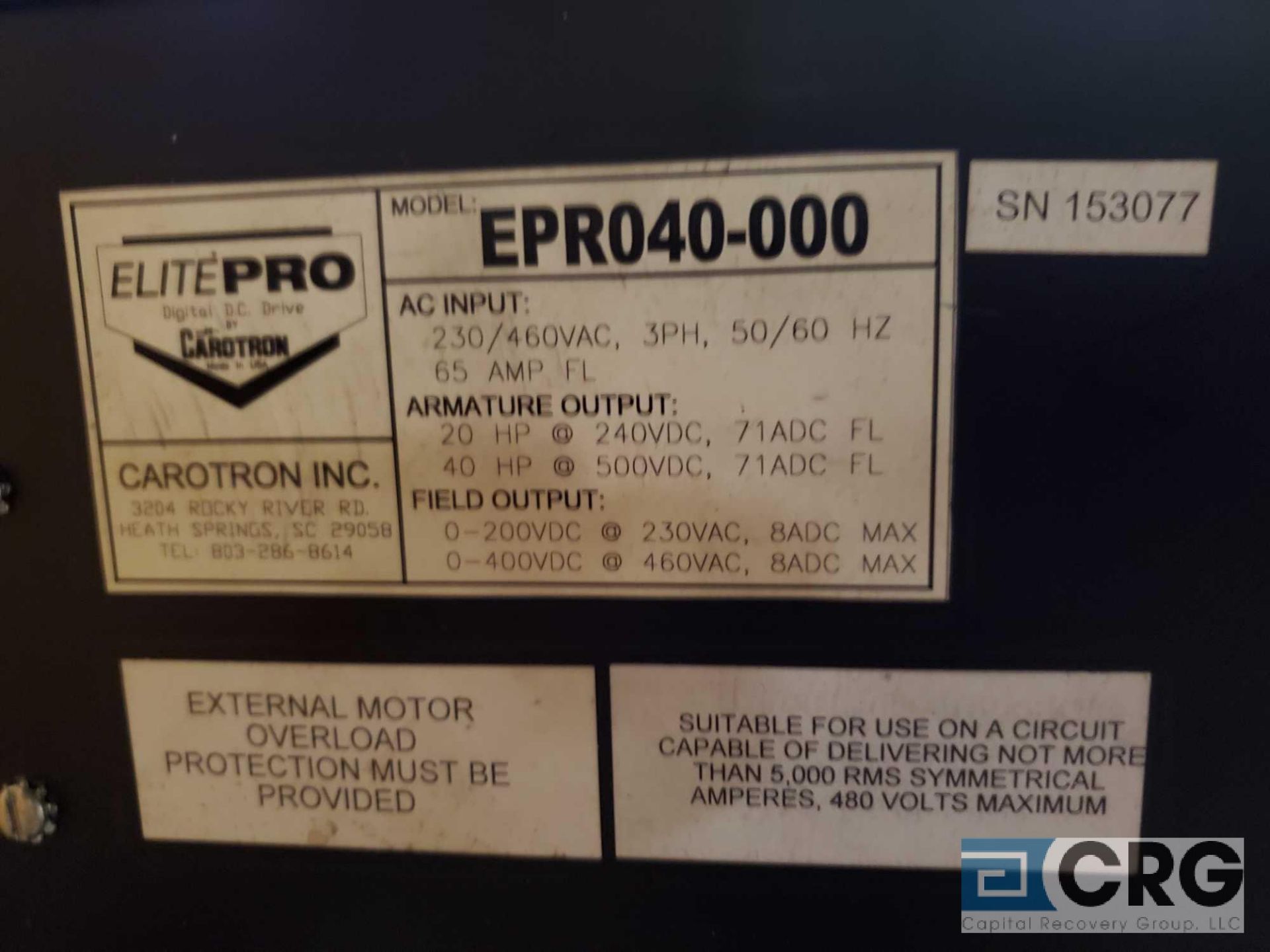 Lot of (2) CAROTRON ELITEPRO Digital drives, (1) m/n EPN060-000, 230v/460v, 3 phase, 98 amp FL (1) - Image 3 of 4