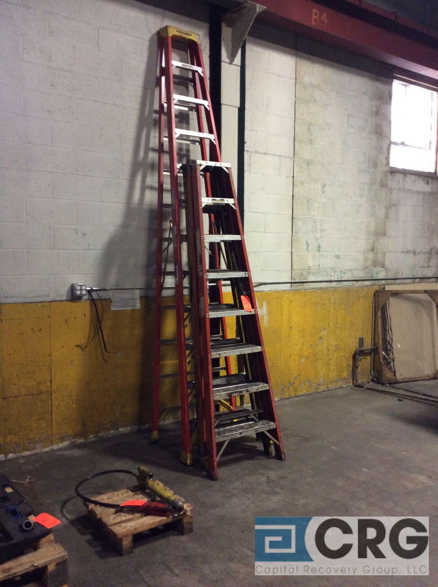 Lot of (3) assorted fiberglass step ladders, (1) 12 foot (2) 8 foot