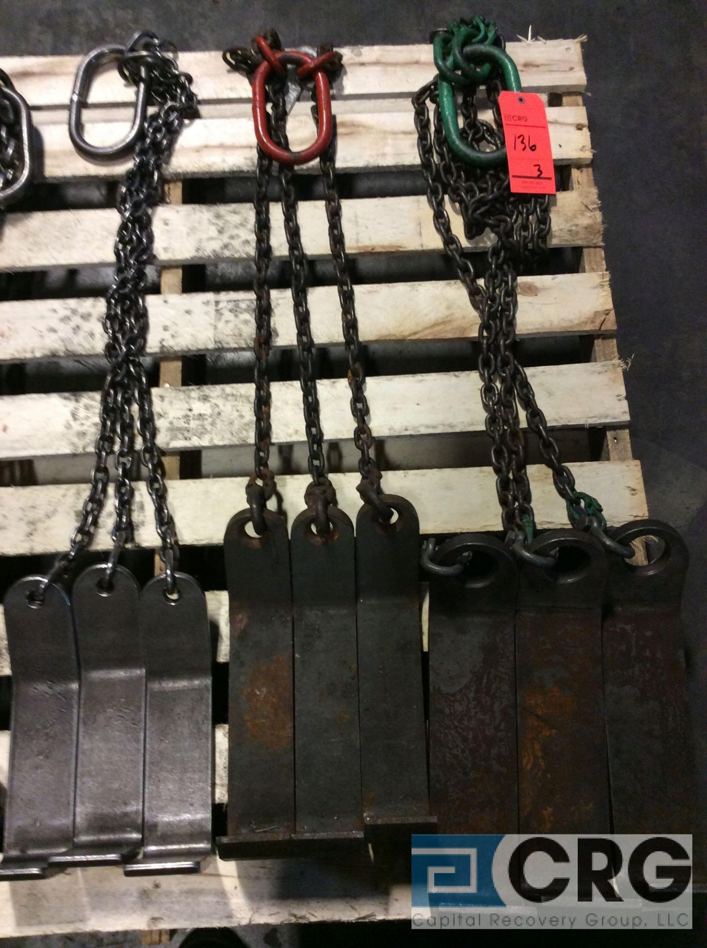 Lot of (3) assorted 3 leg chain slings with coil lifting hook, 3000, 5000, and 7000 lb capacity