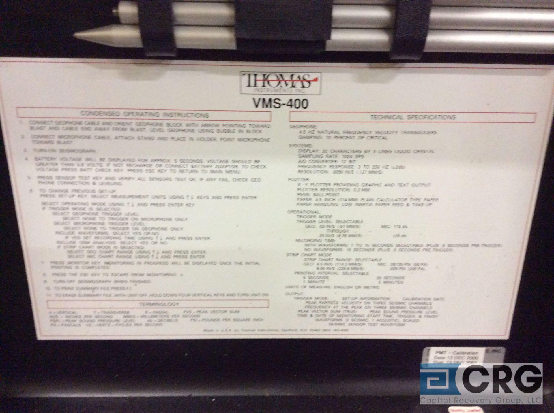 Thomas VMS-400 Seismogroaph w/printout, (2) Geophones, (1) microphone & AC charger - Image 3 of 3