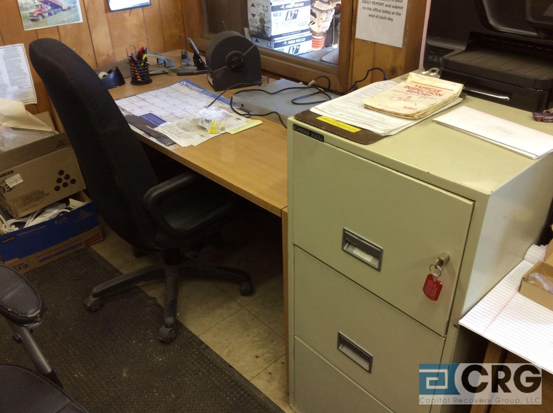 Lot of office furniture including (3) desks, (3) chairs, 3-door flame proof file cabinet, (4) blue - Image 3 of 4