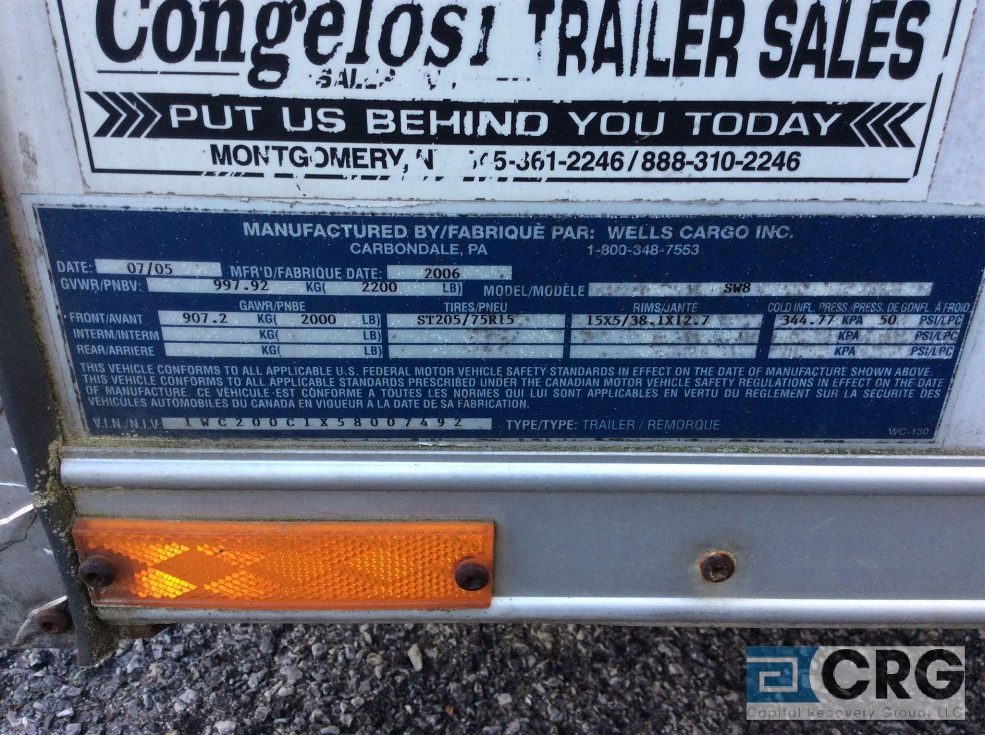 2005 Wells Cargo SW8 Enclosed Cargo Trailer, 8' X 5' VIN # 1WC200C1X58007492 - Image 4 of 4