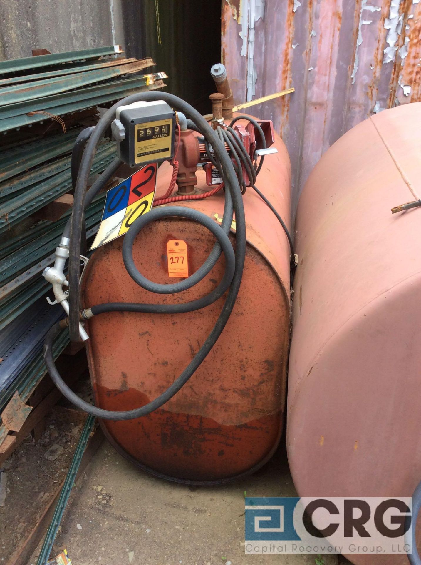 Double walled steel skid mounted fuel storage tank, approx 250 gal capacity with pump and meter