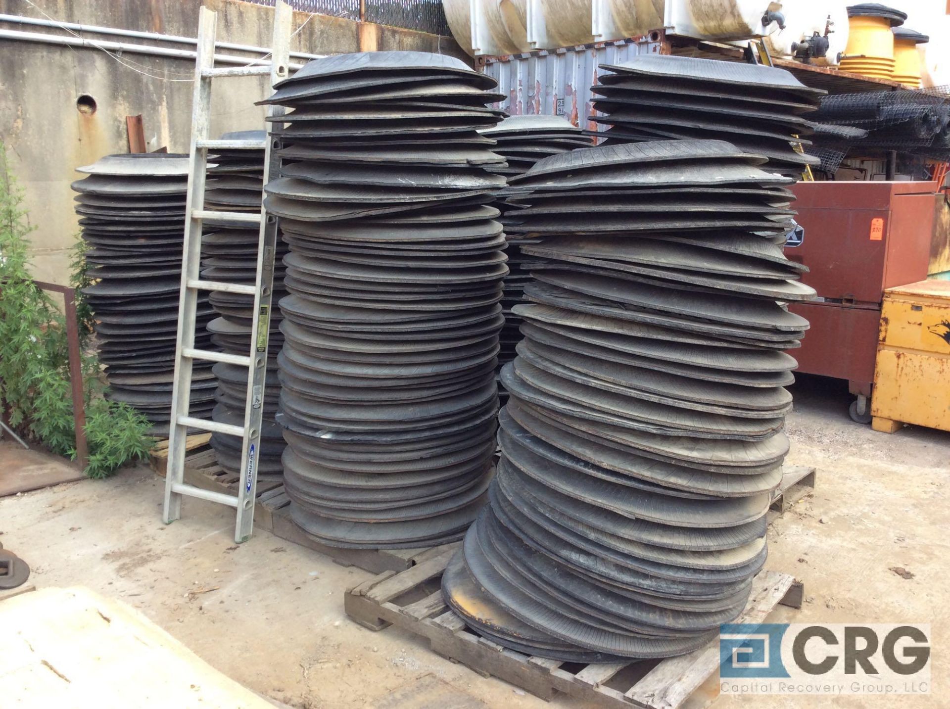 Lot of asst road construction barrels with ring weights. (BARRELS LOCATED IN 2 CONTAINERS STACKED ON