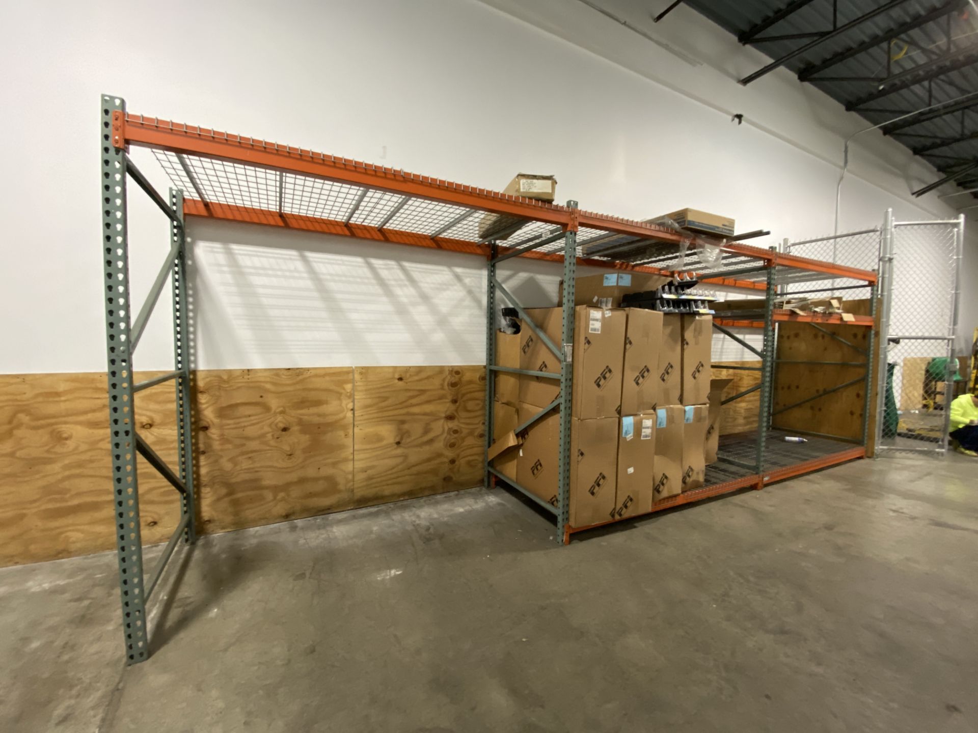 Lot of (3) Interlake 48" (d) X 96" long (2) tier clip style pallet racking with wire decks and