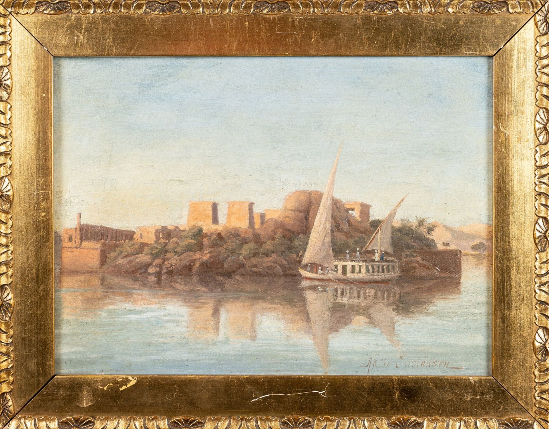 Arte Islamica View from the Nile Sigend Carstensen (?)Oil on canvas 19th century .