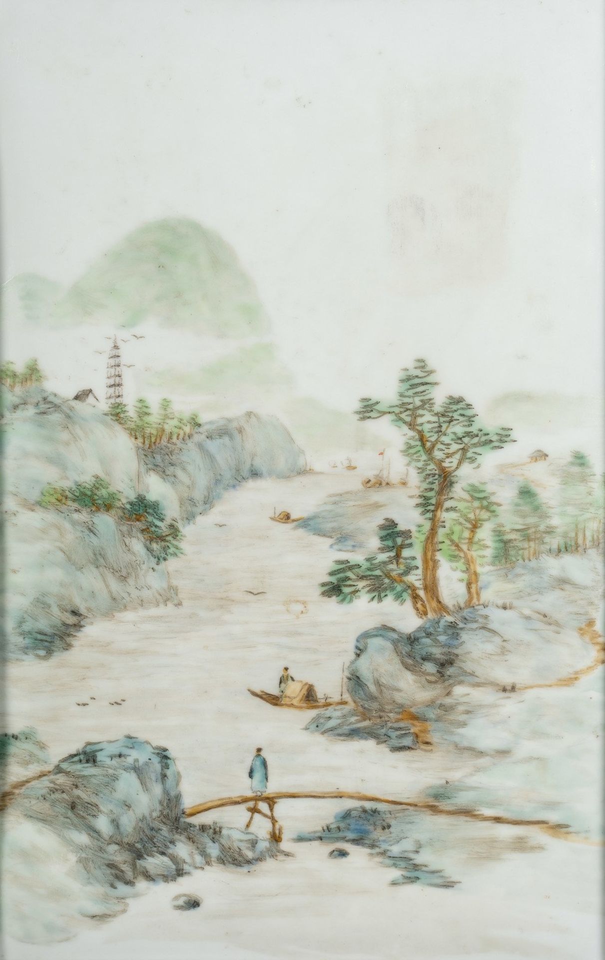 Arte Cinese A porcelain tile painted with river landscape China, early 20th century .