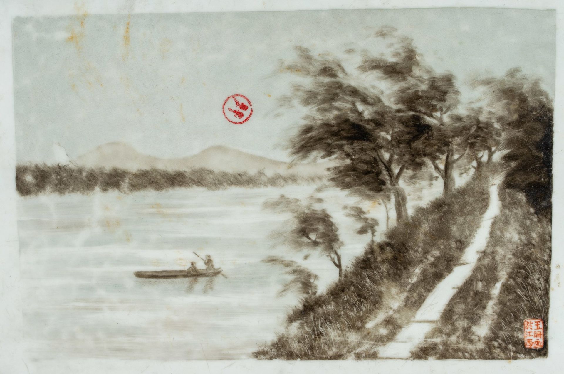 Arte Cinese A porcelain tile painted with a landscape in Jiangxi and bearing a six character red ma