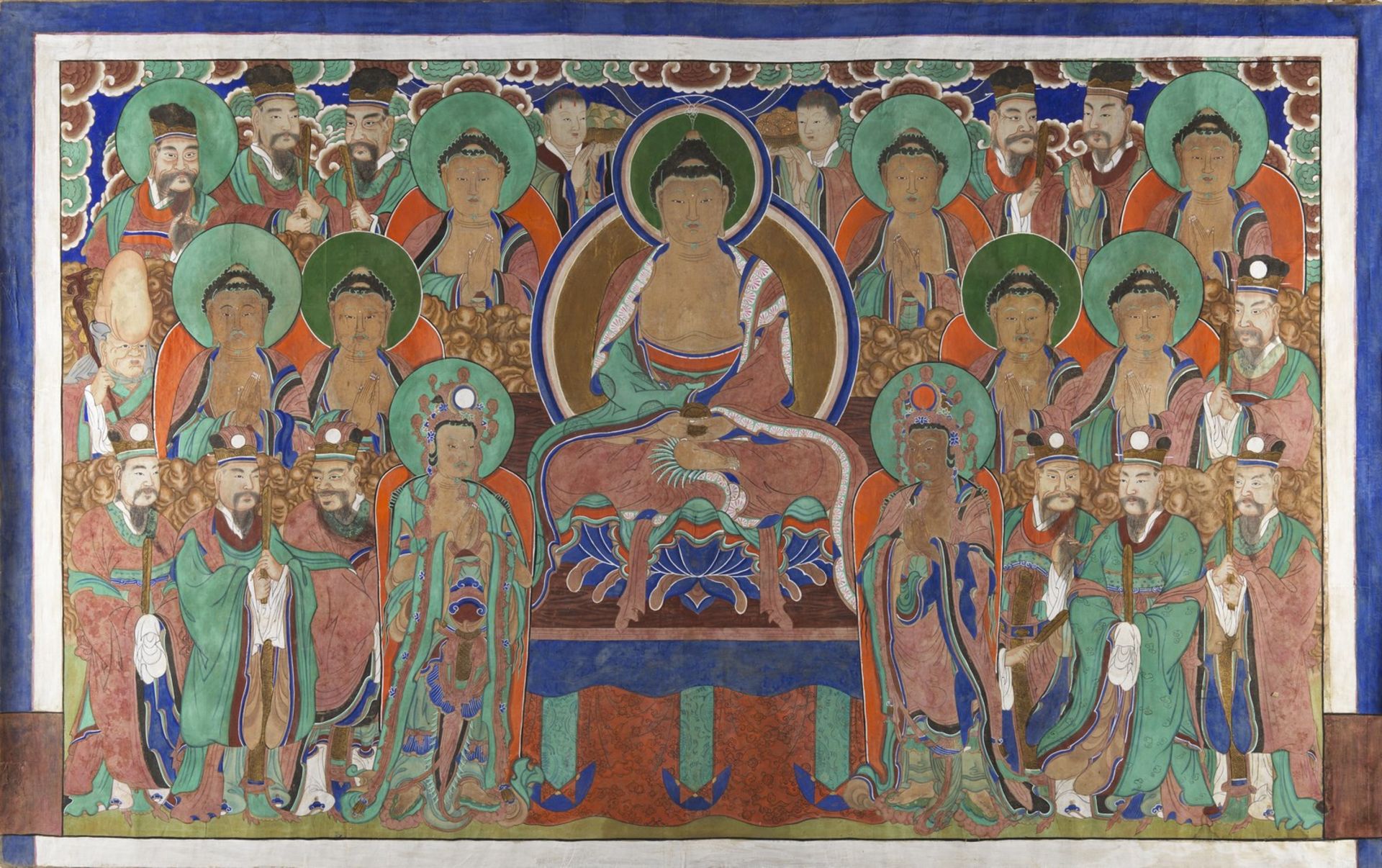 Arte Sud-Est Asiatico A large Buddhist painting depicting Buddha Tejaprabha enthroned Korea, Choson