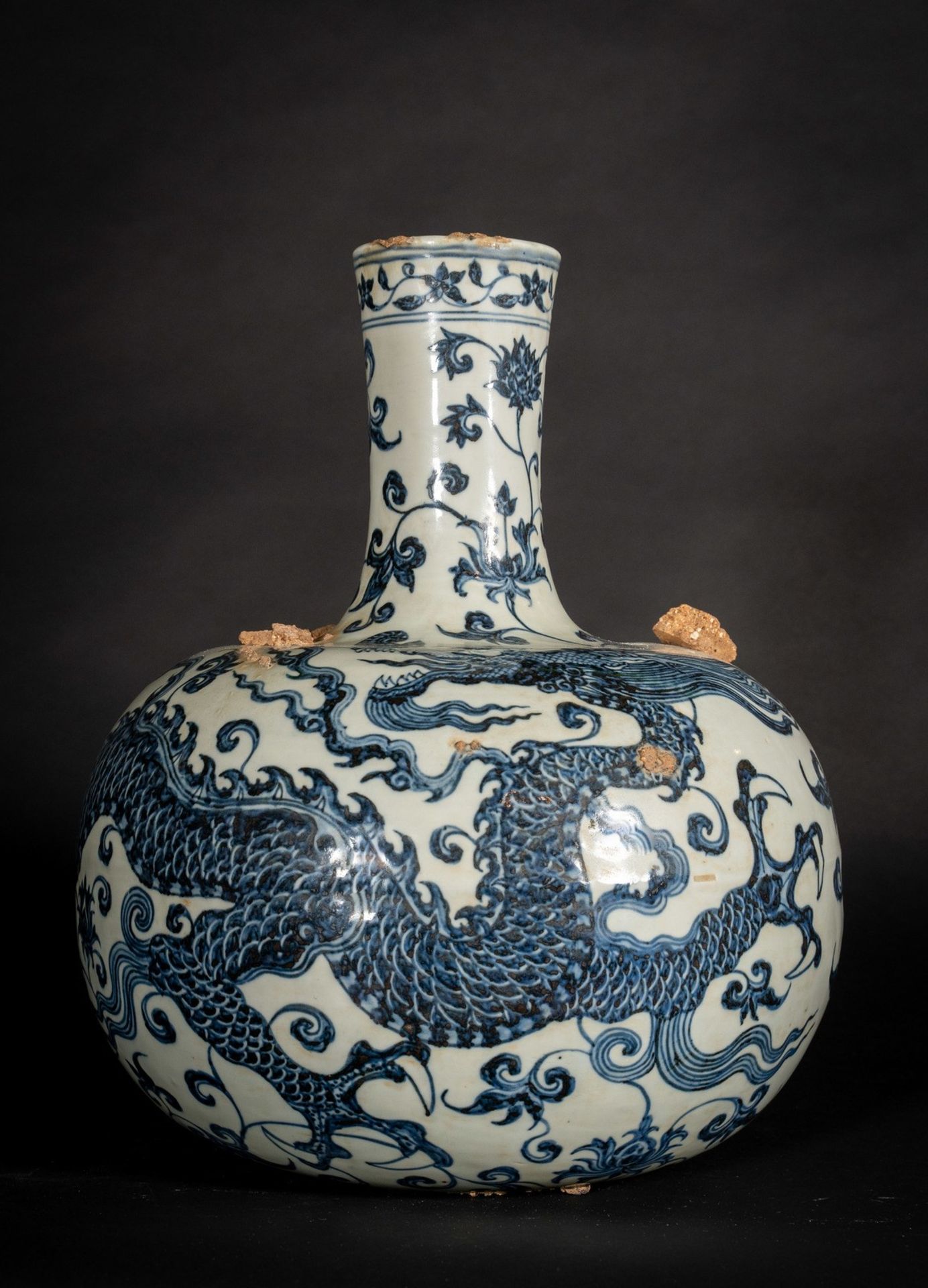 Arte Cinese A blue and white porcelain tianqiuping globular vase with dragonChina, Qing dynasty, 19