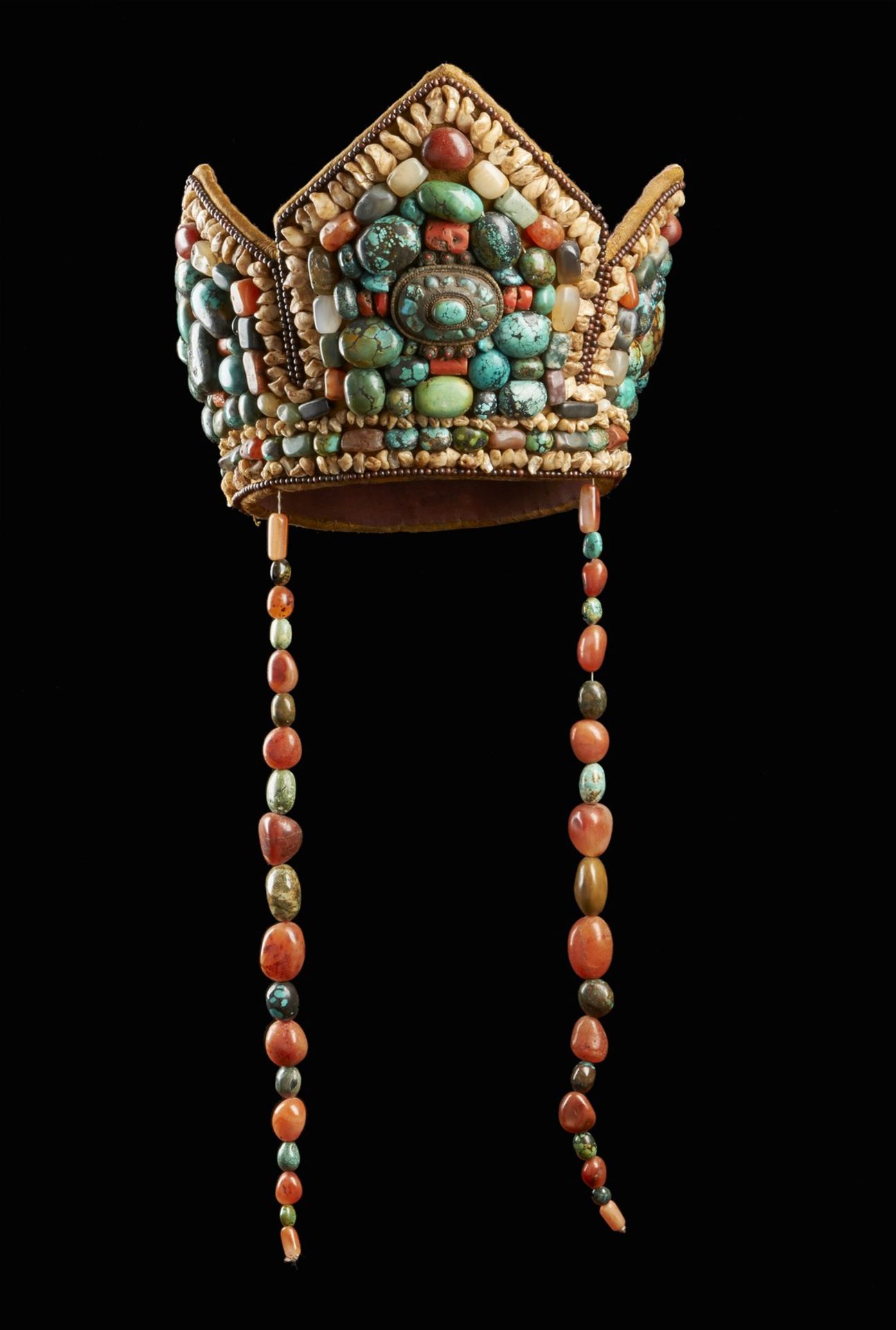 Arte Himalayana A crown shaped headgear with coral and turquoise beadsLadakh, 19th century .