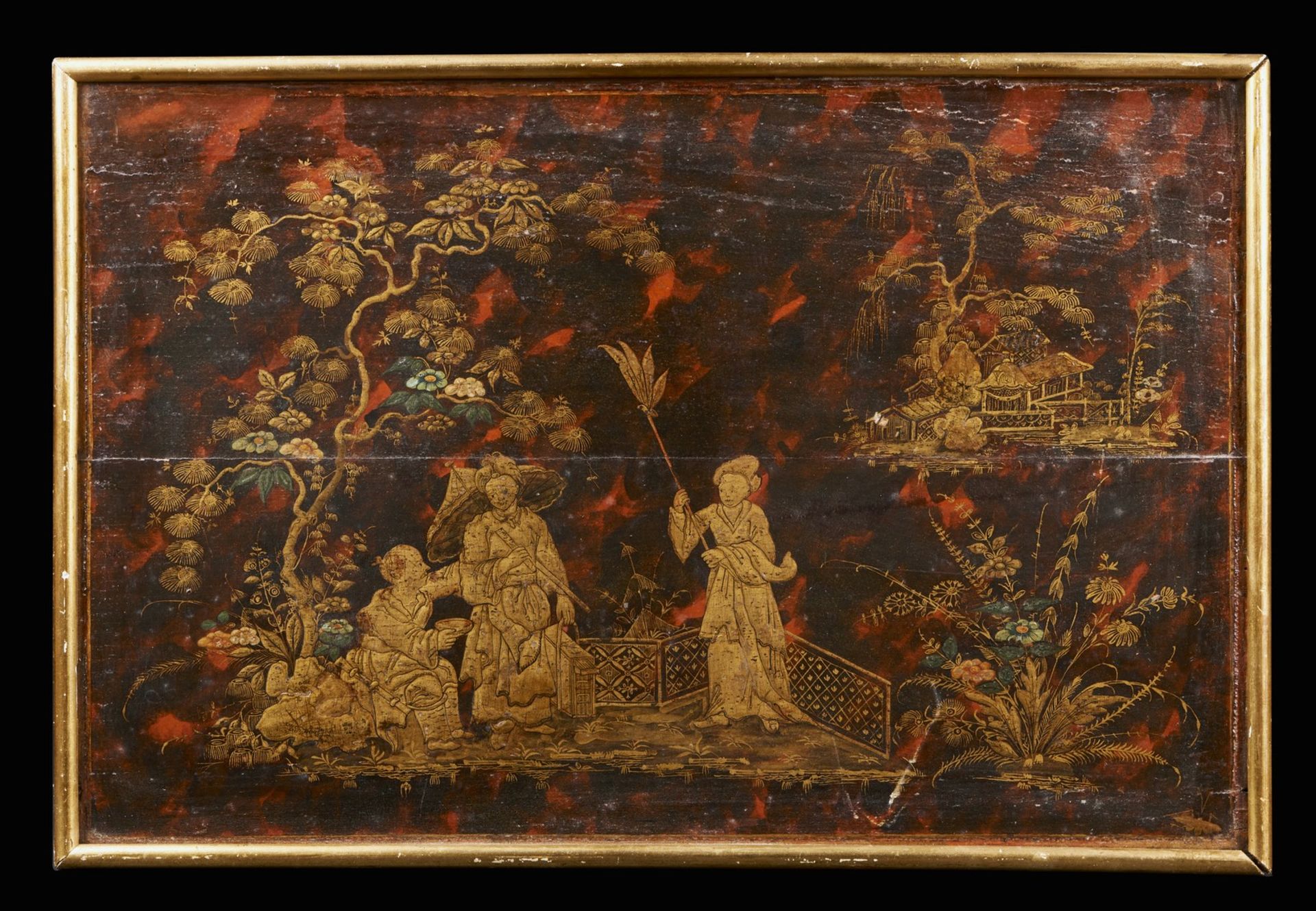 Arte Cinese A chinoiserie lacquered panel decorated with courtly scenesFrance or Piedmont, second h
