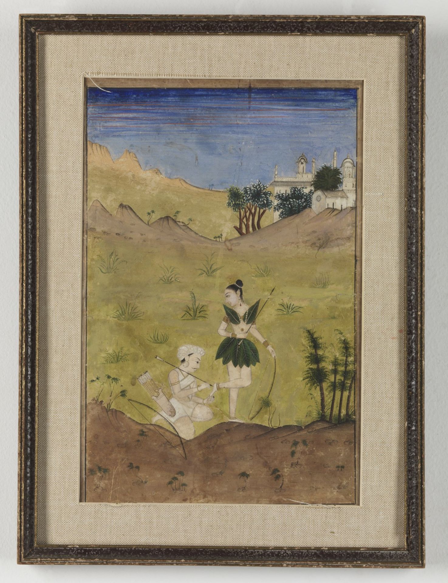 Arte Indiana A miniature painting depicting a kneeling hunter pulling out an arrow from a maiden's