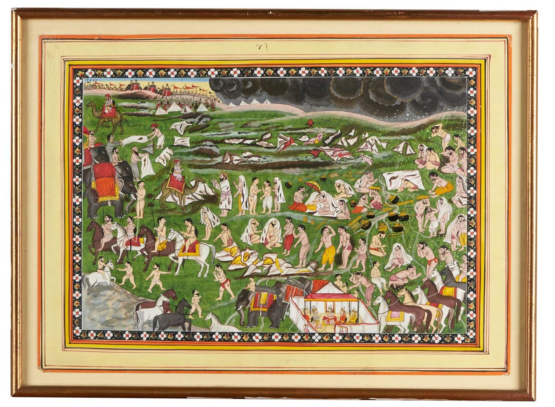 Arte Indiana A large miniature painting depicting an encampment Northern India, Pahari, early 20th