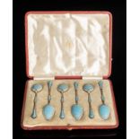 Arte Islamica A set of six vermail silver turquoise enamelled teaspoons marked David Andersen Norwa