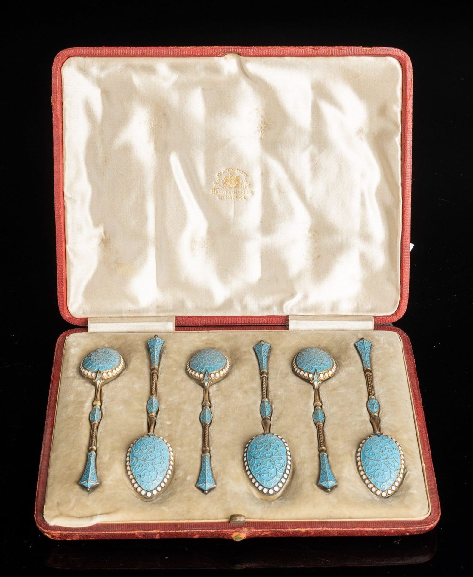 Arte Islamica A set of six vermail silver turquoise enamelled teaspoons marked David Andersen Norwa