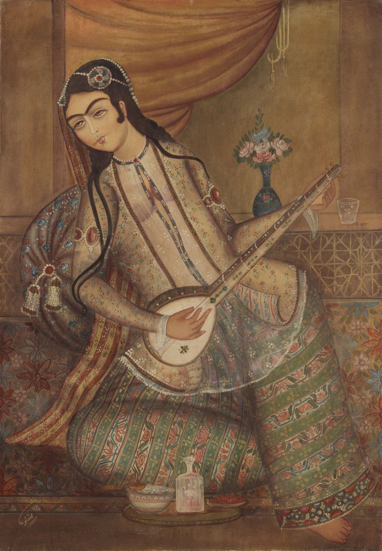 Arte Islamica A painting depicting a musician Signed LashkariPersia, early 20th century .