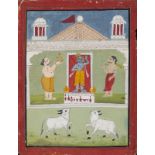 Arte Indiana A miniature painting depicting a worship to Lord Krishna Northern India, Rajasthan, 19